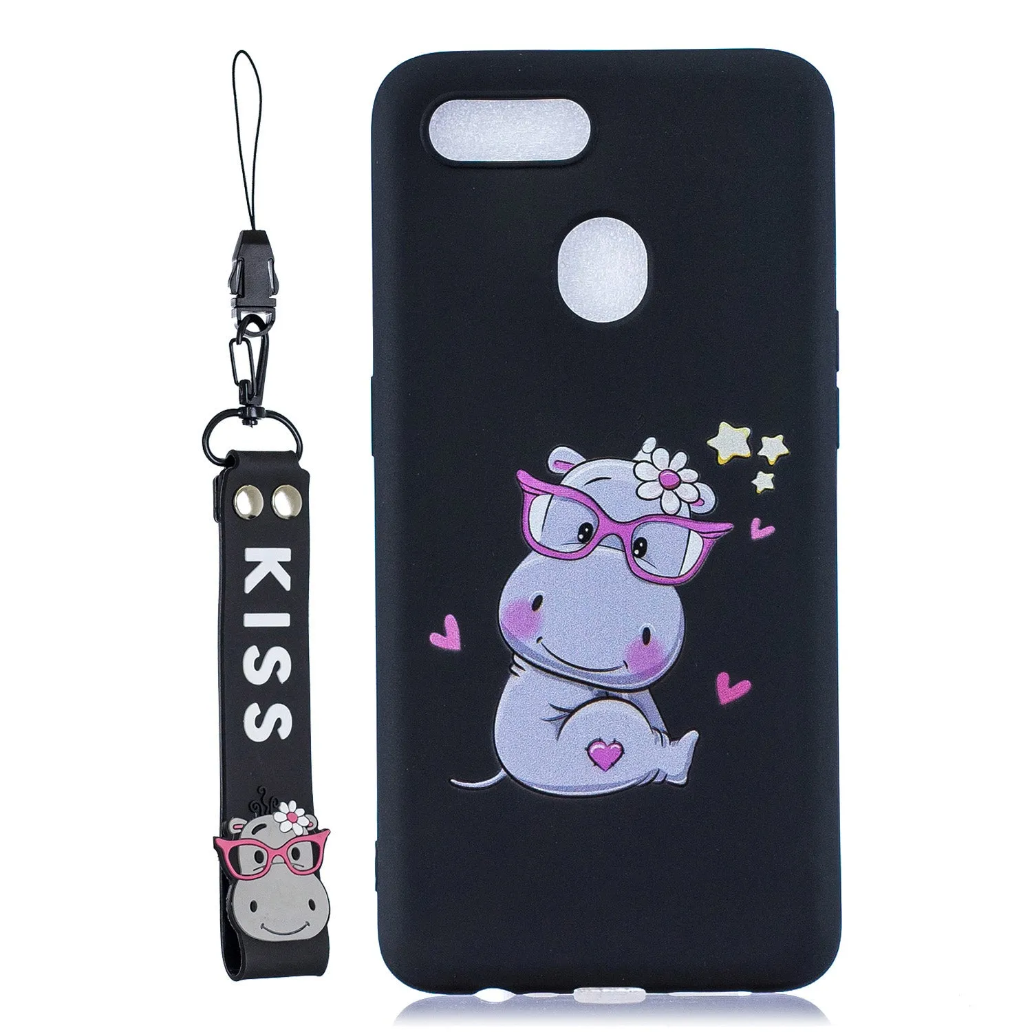 For OPPO A7 Cartoon Lovely Coloured Painted Soft TPU Back Cover Non-slip Shockproof Full Protective Case with Lanyard black