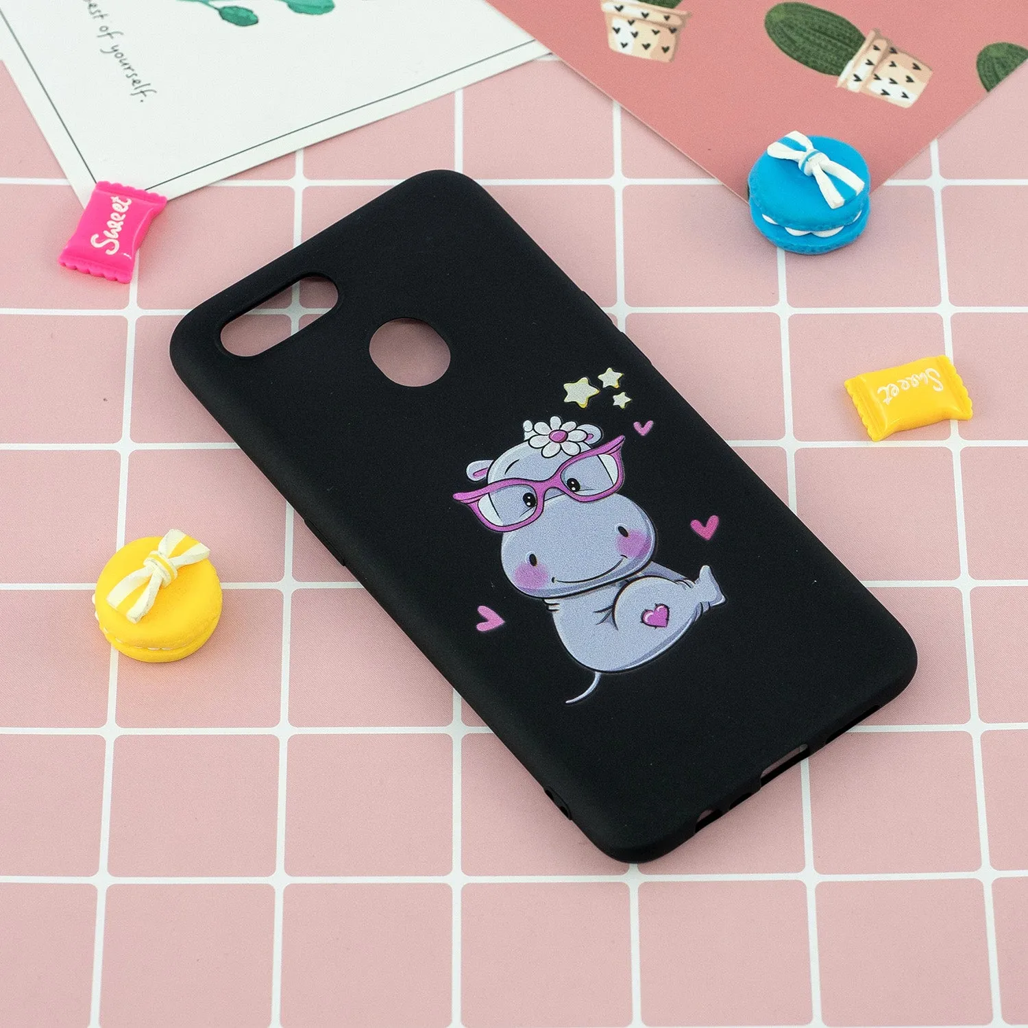 For OPPO A7 Cartoon Lovely Coloured Painted Soft TPU Back Cover Non-slip Shockproof Full Protective Case with Lanyard black