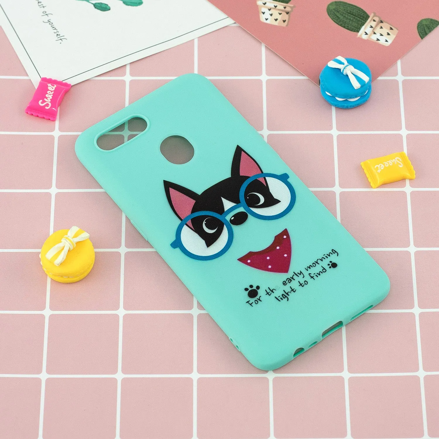 For OPPO A7 Cartoon Lovely Coloured Painted Soft TPU Back Cover Non-slip Shockproof Full Protective Case with Lanyard Light blue