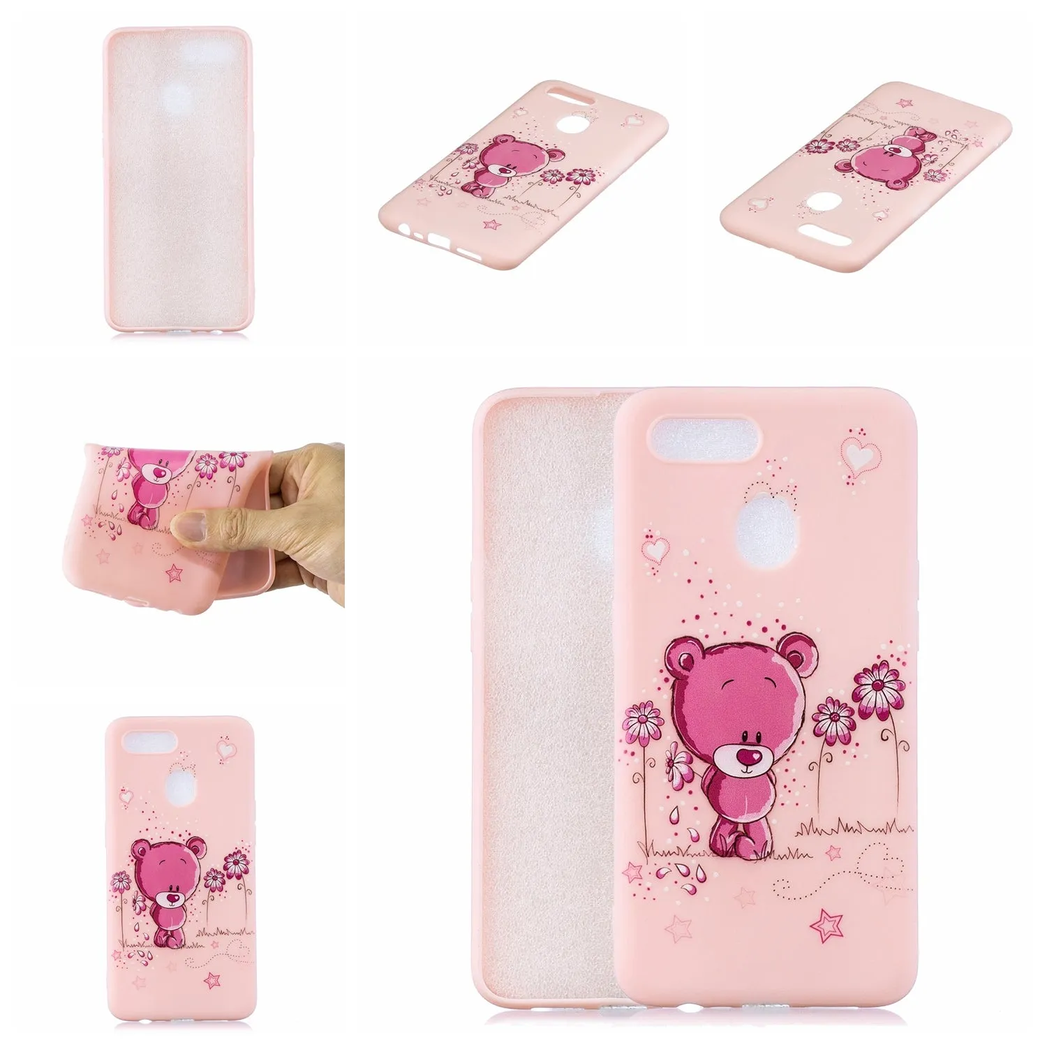 For OPPO A7 Cartoon Lovely Coloured Painted Soft TPU Back Cover Non-slip Shockproof Full Protective Case with Lanyard Light pink