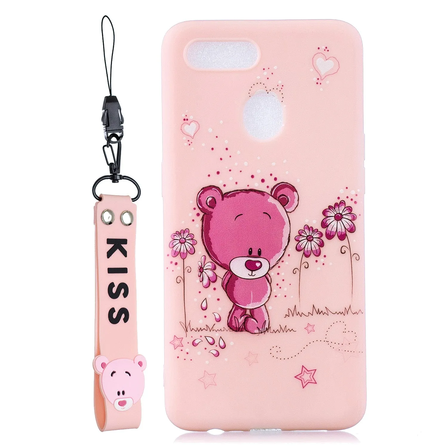 For OPPO A7 Cartoon Lovely Coloured Painted Soft TPU Back Cover Non-slip Shockproof Full Protective Case with Lanyard Light pink