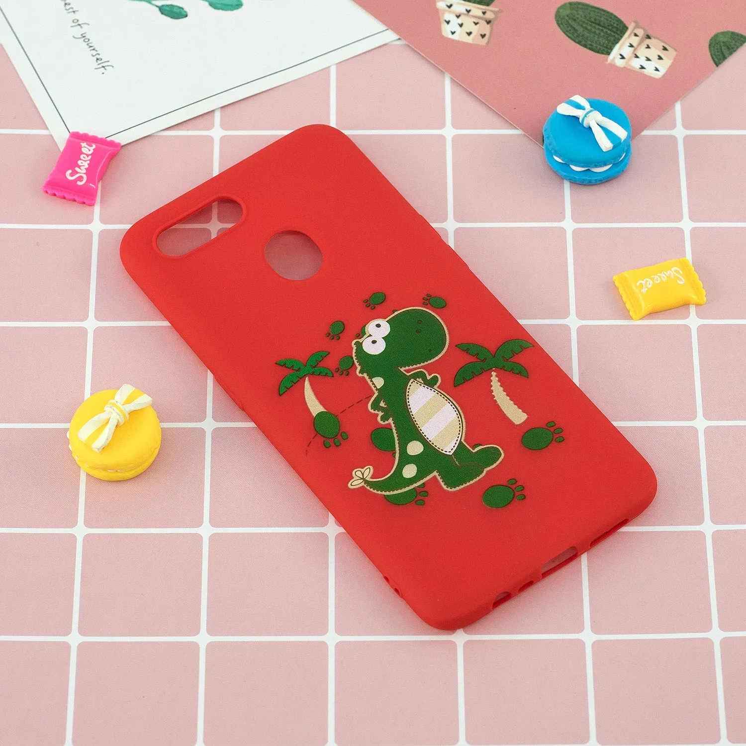 For OPPO A7 Cartoon Lovely Coloured Painted Soft TPU Back Cover Non-slip Shockproof Full Protective Case with Lanyard red