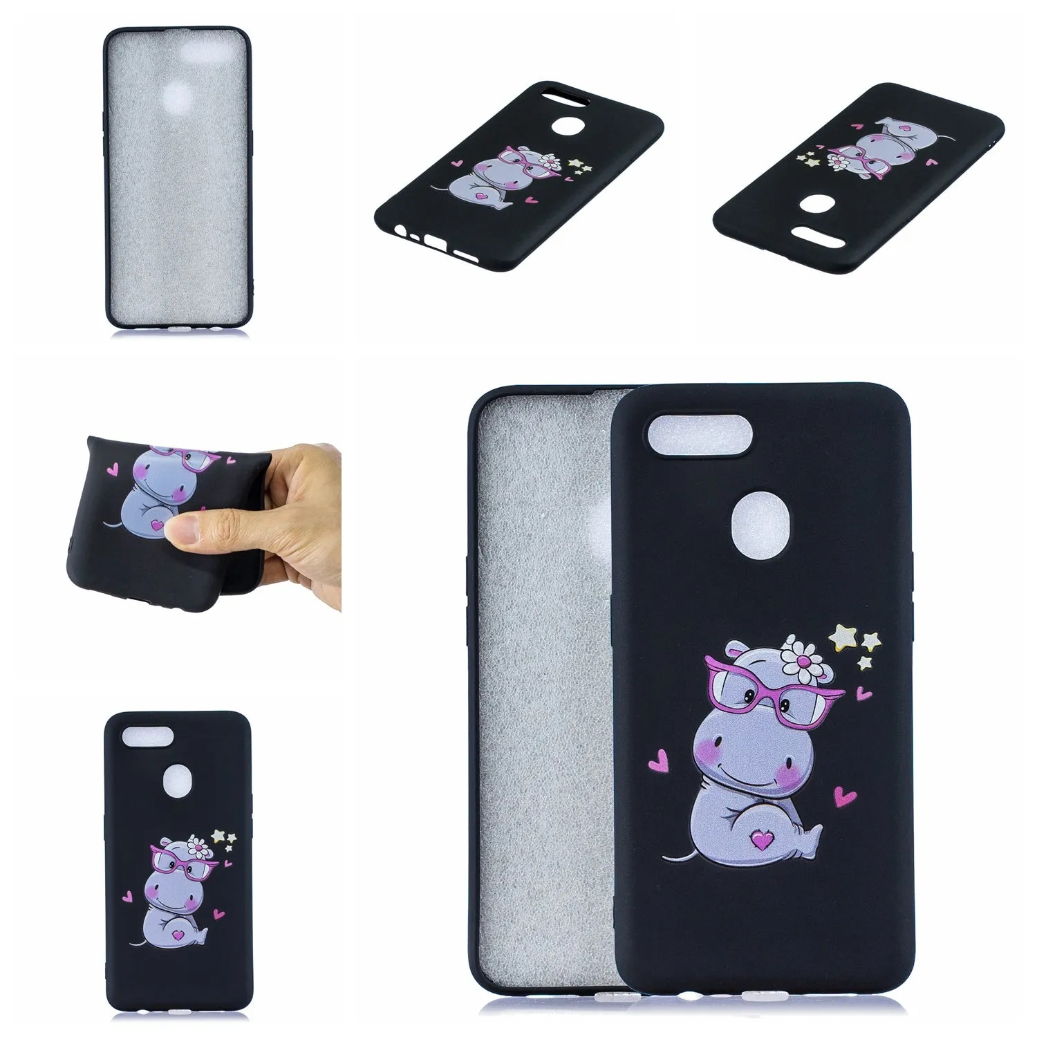 For OPPO A7 Cartoon Lovely Coloured Painted Soft TPU Back Cover Non-slip Shockproof Full Protective Case with Lanyard Rose red