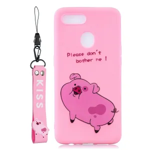 For OPPO A7 Cartoon Lovely Coloured Painted Soft TPU Back Cover Non-slip Shockproof Full Protective Case with Lanyard Rose red