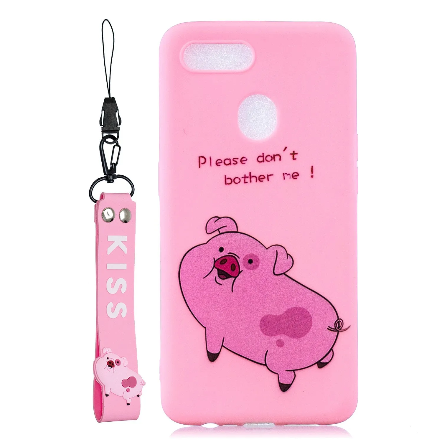For OPPO A7 Cartoon Lovely Coloured Painted Soft TPU Back Cover Non-slip Shockproof Full Protective Case with Lanyard Rose red