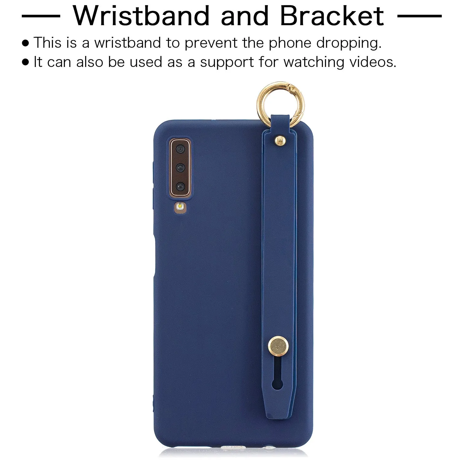 For Samsung A7 2018 Simple Solid Color Chic Wrist Rope Bracket Matte TPU Anti-scratch Non-slip Protective Cover Back Case 1 black