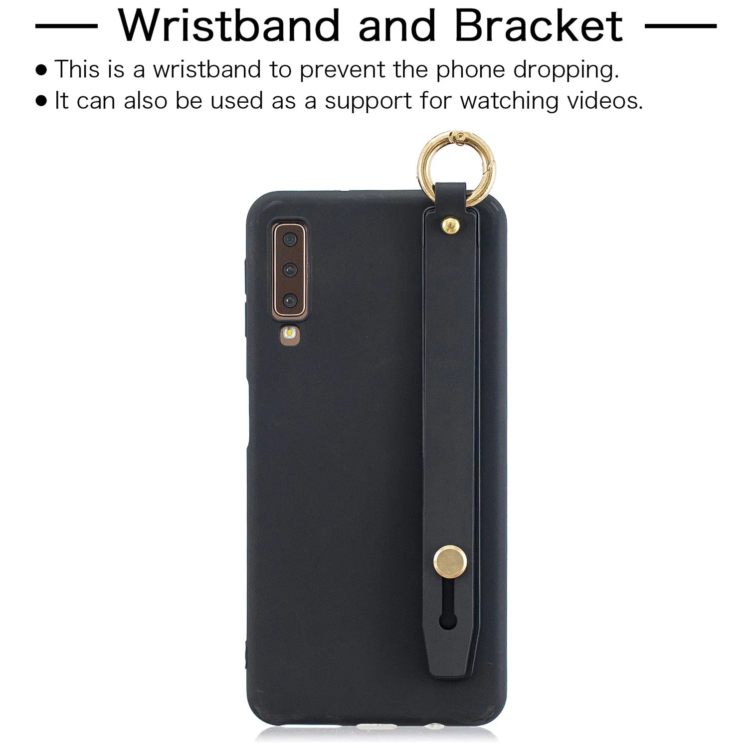 For Samsung A7 2018 Simple Solid Color Chic Wrist Rope Bracket Matte TPU Anti-scratch Non-slip Protective Cover Back Case 1 black