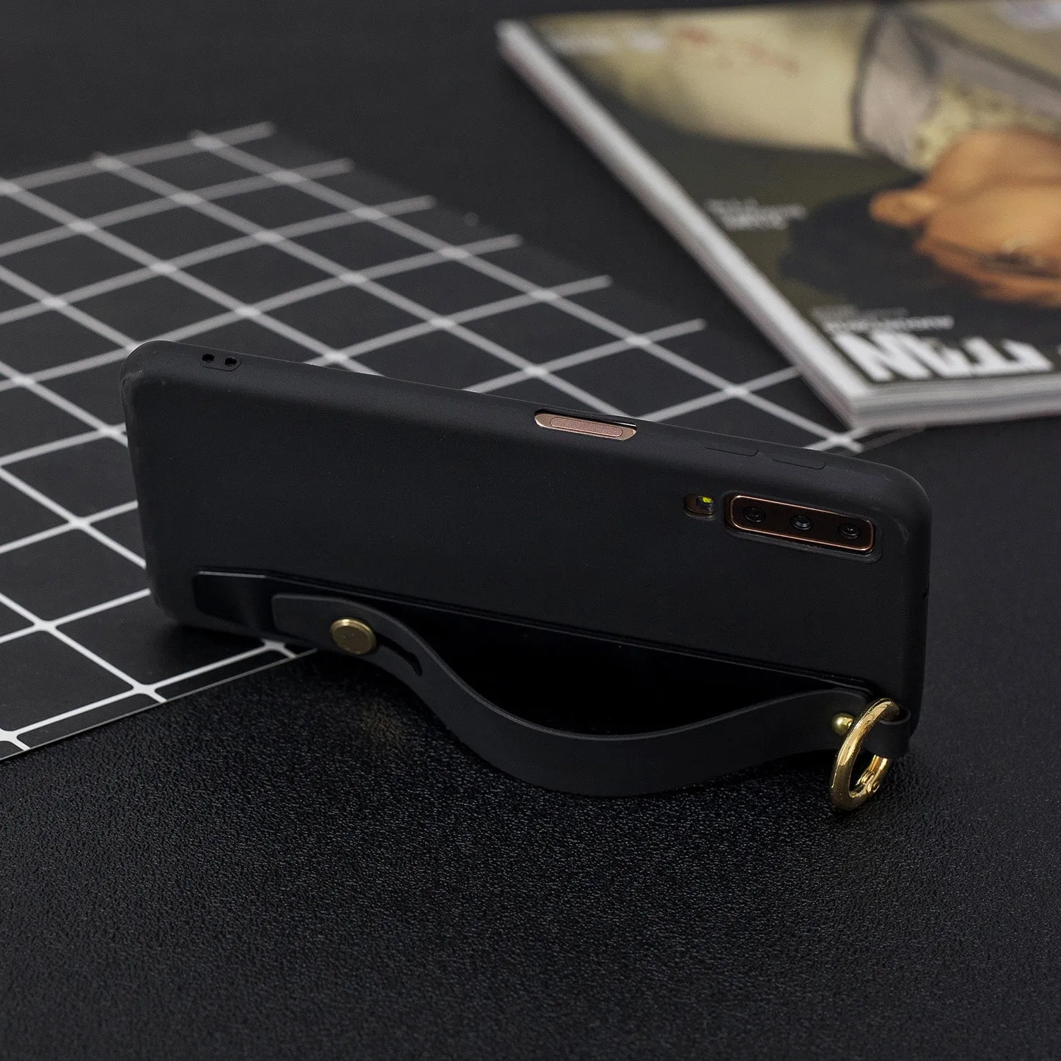 For Samsung A7 2018 Simple Solid Color Chic Wrist Rope Bracket Matte TPU Anti-scratch Non-slip Protective Cover Back Case 1 black
