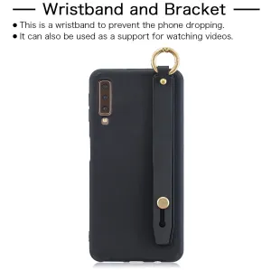 For Samsung A7 2018 Simple Solid Color Chic Wrist Rope Bracket Matte TPU Anti-scratch Non-slip Protective Cover Back Case 1 black