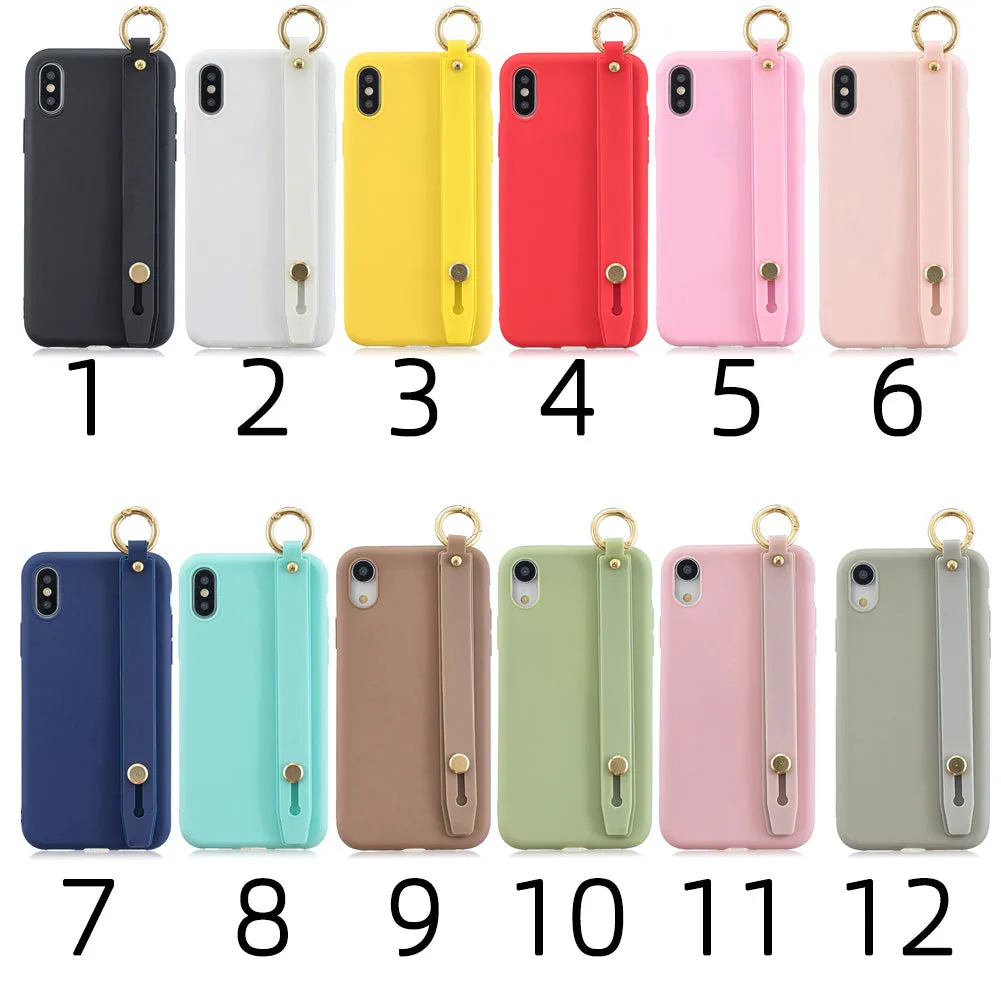 For Samsung A7 2018 Simple Solid Color Chic Wrist Rope Bracket Matte TPU Anti-scratch Non-slip Protective Cover Back Case 1 black