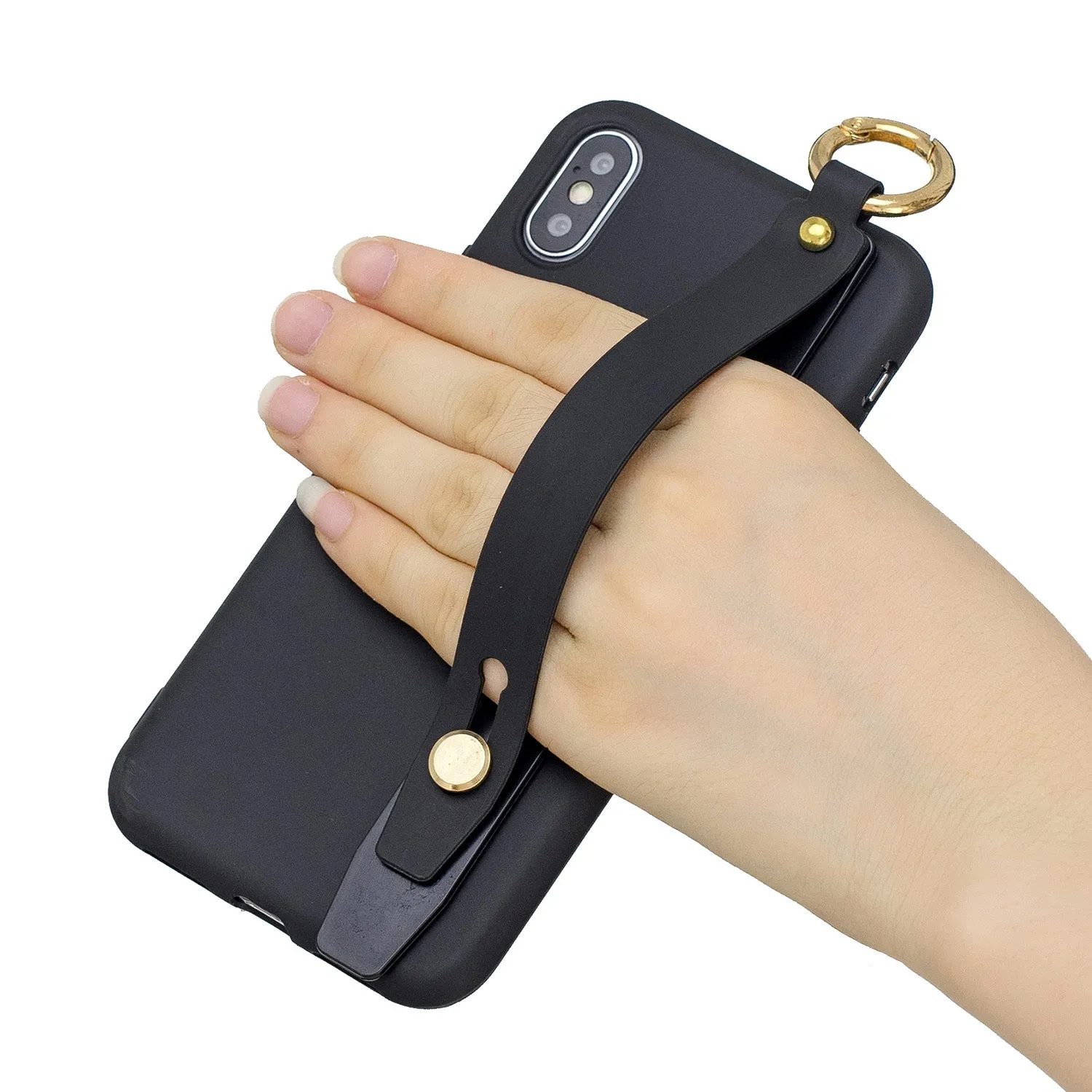 For Samsung A7 2018 Simple Solid Color Chic Wrist Rope Bracket Matte TPU Anti-scratch Non-slip Protective Cover Back Case 1 black