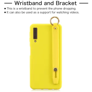For Samsung A7 2018 Simple Solid Color Chic Wrist Rope Bracket Matte TPU Anti-scratch Non-slip Protective Cover Back Case 3 yellow