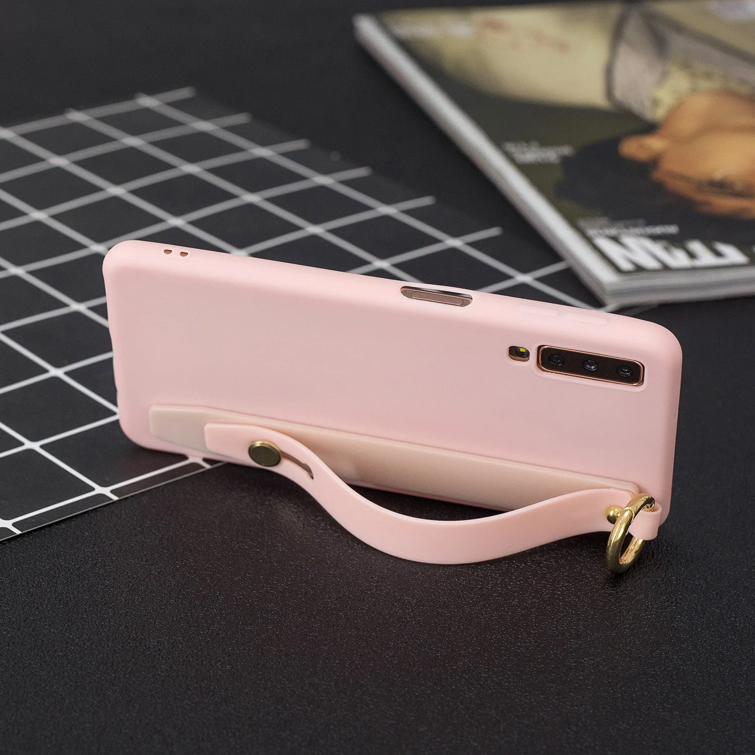 For Samsung A7 2018 Simple Solid Color Chic Wrist Rope Bracket Matte TPU Anti-scratch Non-slip Protective Cover Back Case 6 light pink