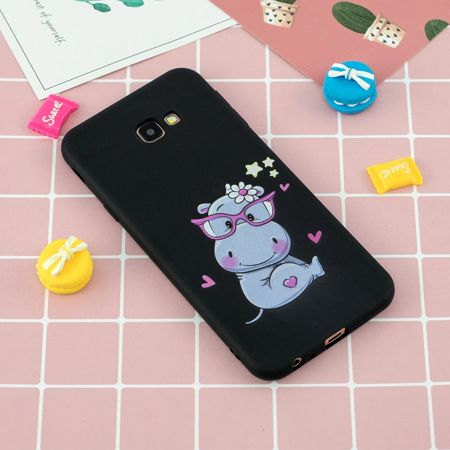 For Samsung J4 plus Cute Coloured Painted TPU Anti-scratch Non-slip Protective Cover Back Case with Lanyard black