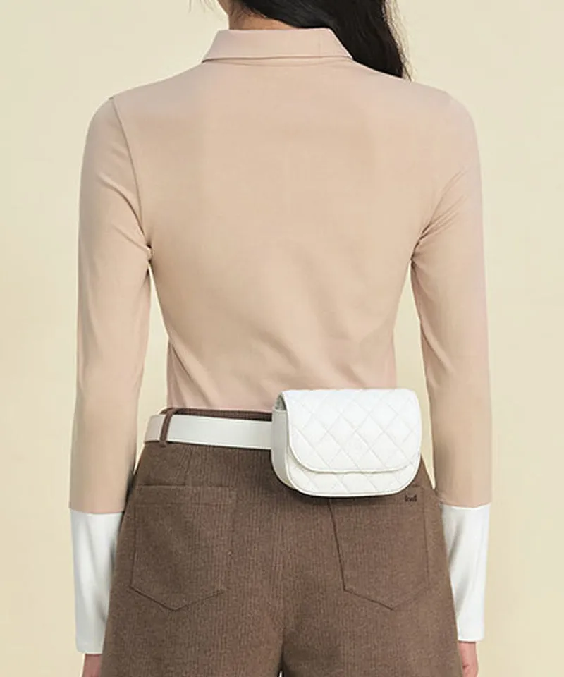 FORDI Color Blocking Fleece Collar T-Shirt - Beige