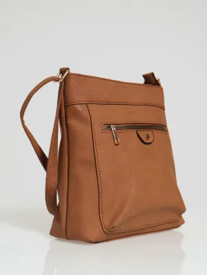 Front Zip Messenger Bag - Tan
