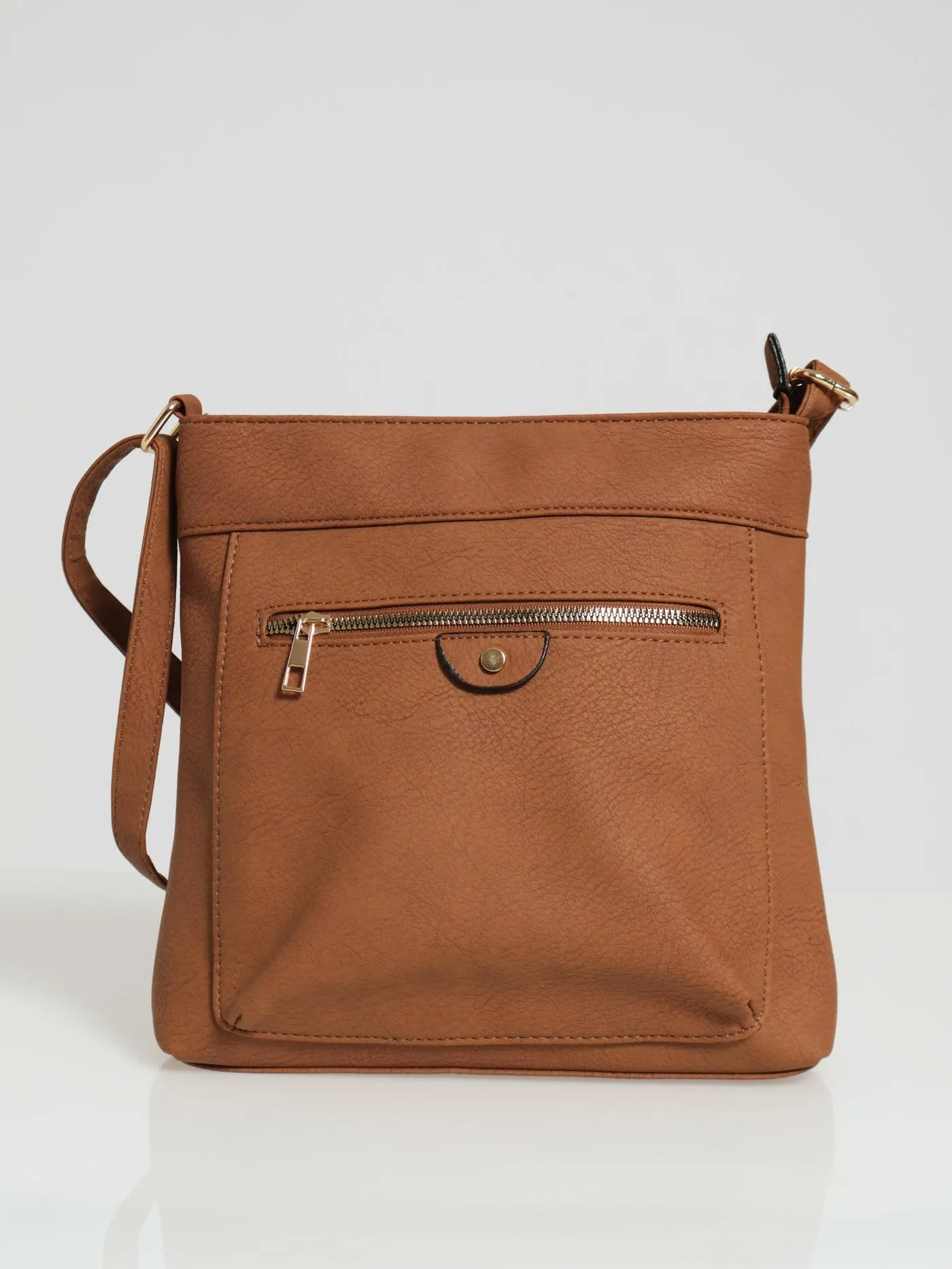 Front Zip Messenger Bag - Tan