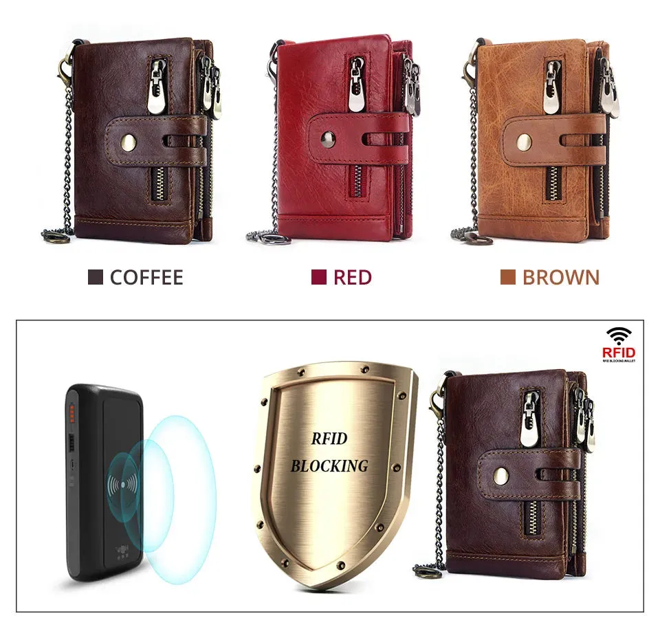 Genuine Leather Vintage RFID Blocking  Men Wallet With Chain
