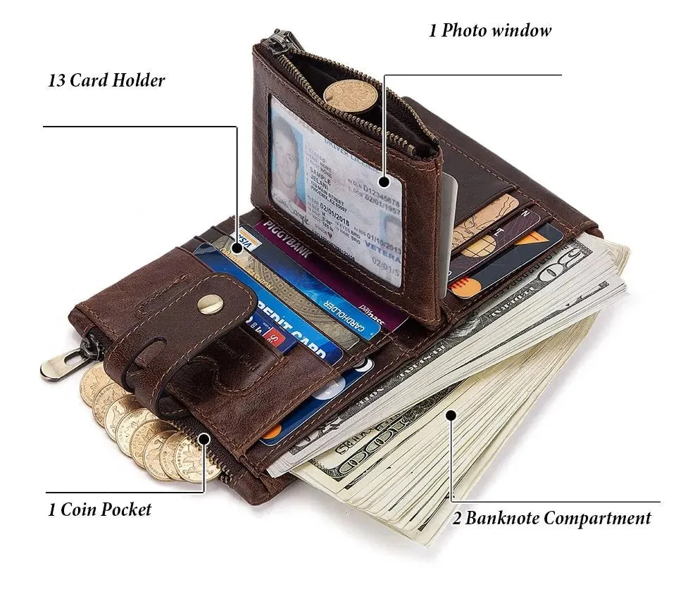 Genuine Leather Vintage RFID Blocking  Men Wallet With Chain
