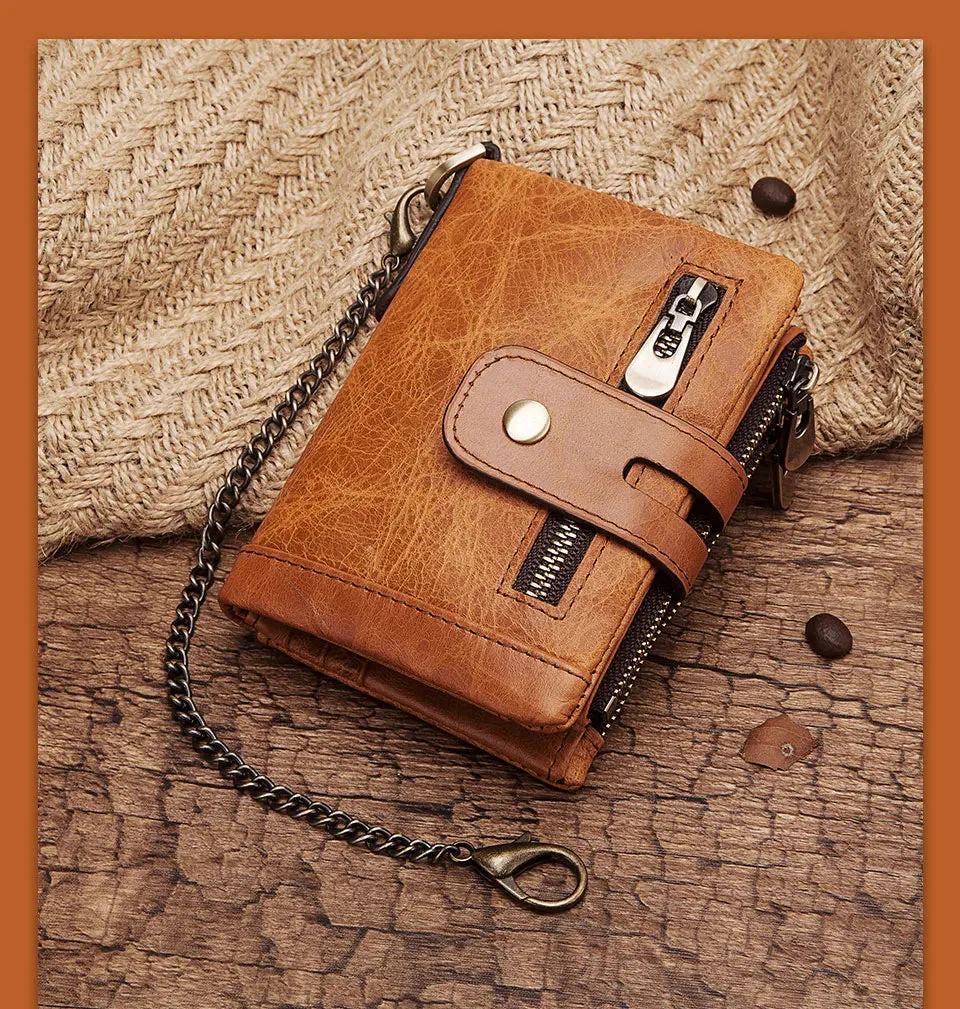 Genuine Leather Vintage RFID Blocking  Men Wallet With Chain