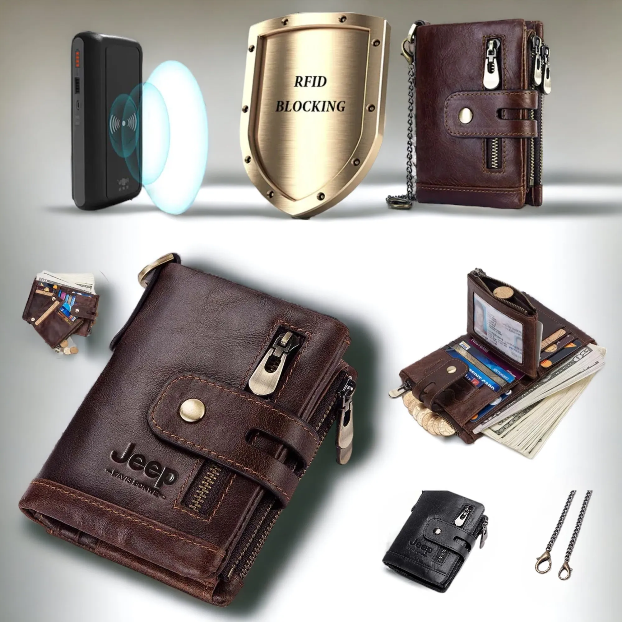 Genuine Leather Vintage RFID Blocking  Men Wallet With Chain