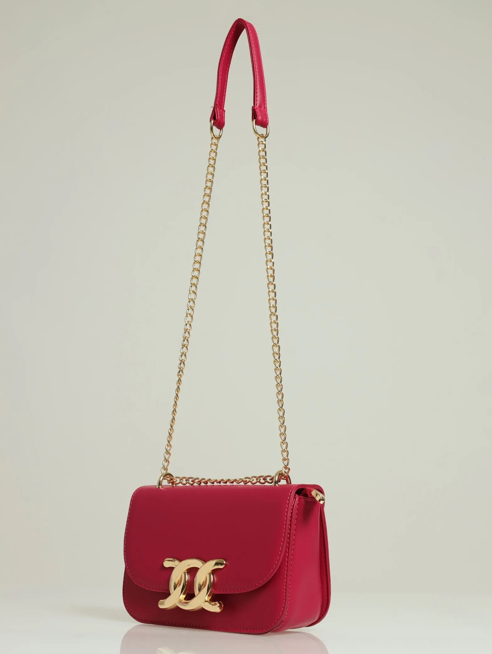 Gold Chain Clasp Satchel Bag - Magenta