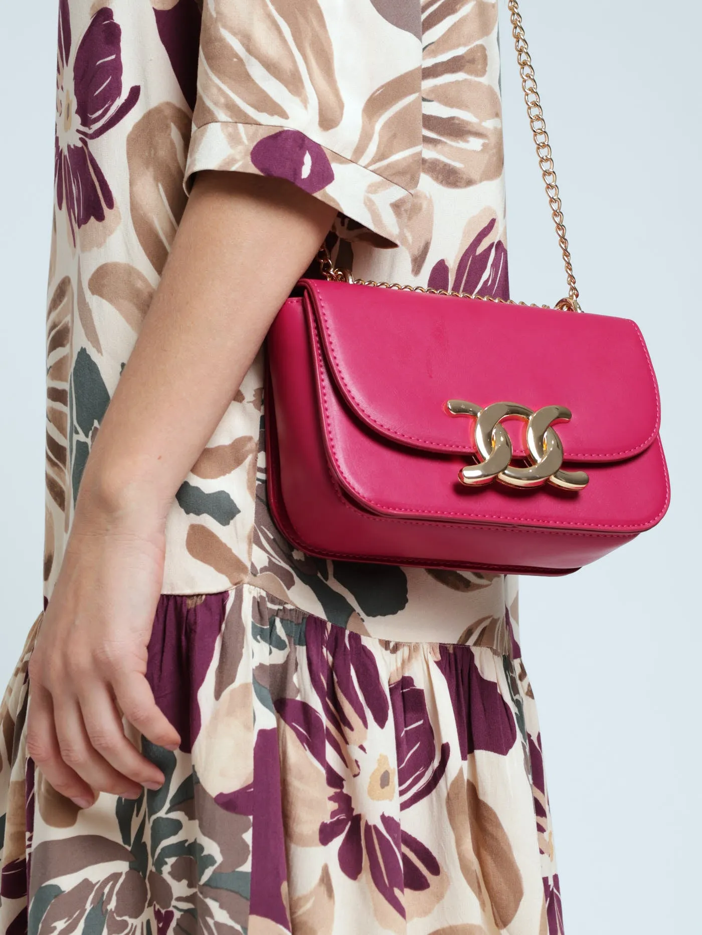 Gold Chain Clasp Satchel Bag - Magenta