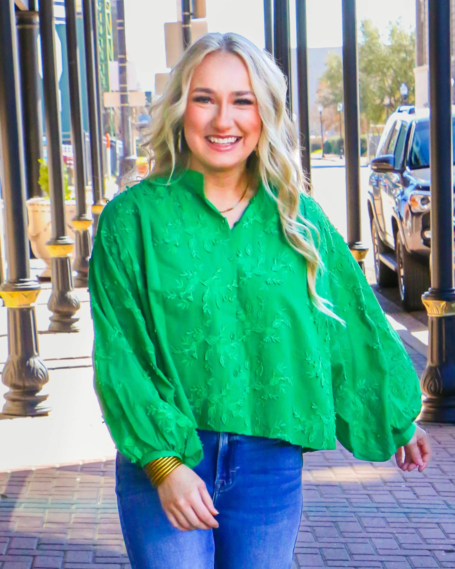 Green Embroidered Dolman Sleeve Oversized Top