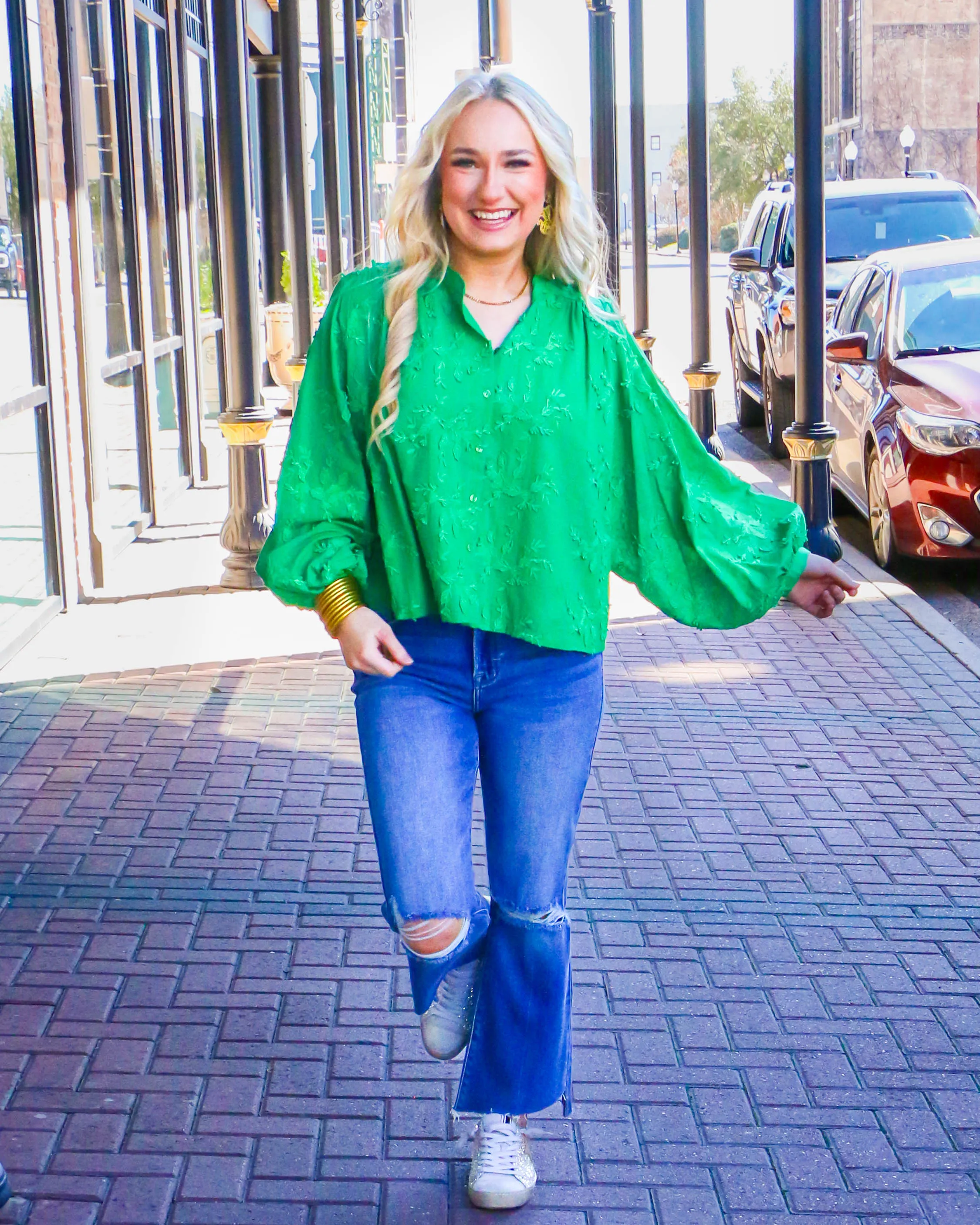 Green Embroidered Dolman Sleeve Oversized Top