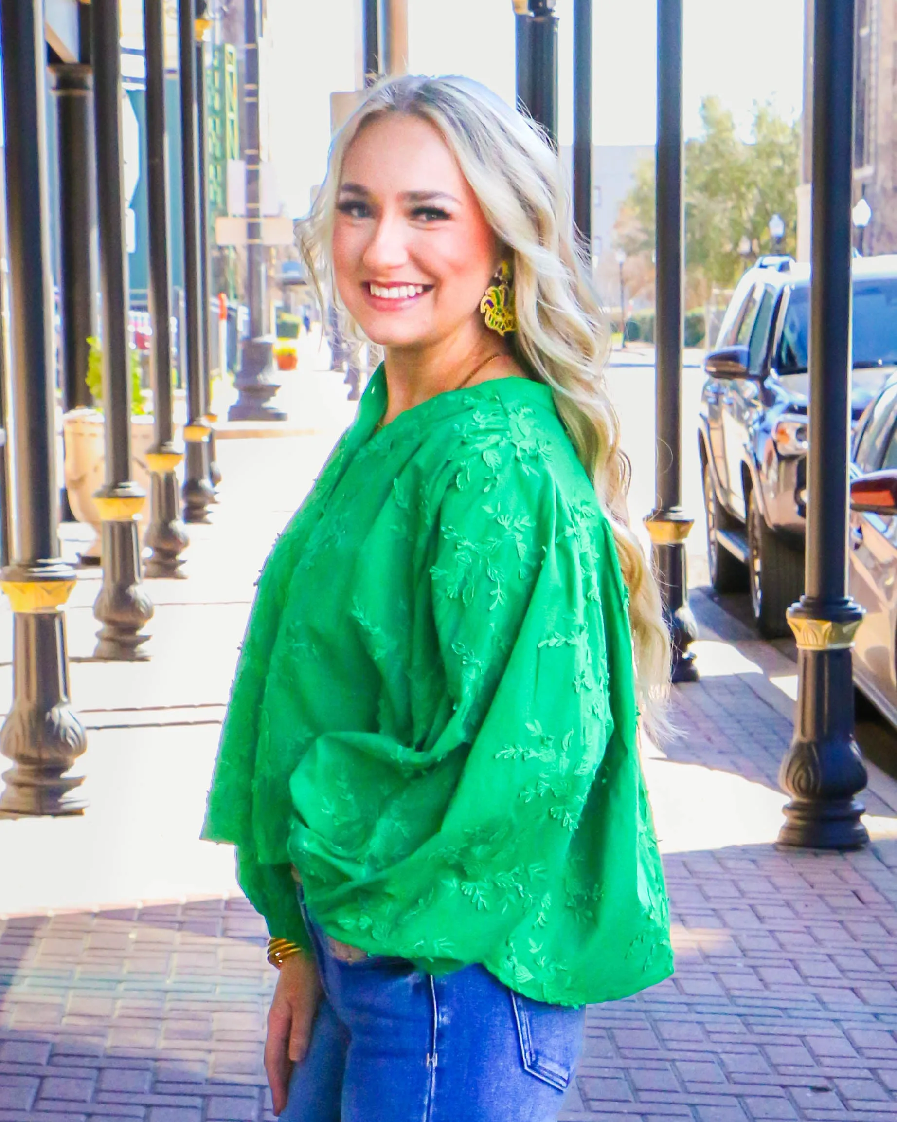 Green Embroidered Dolman Sleeve Oversized Top