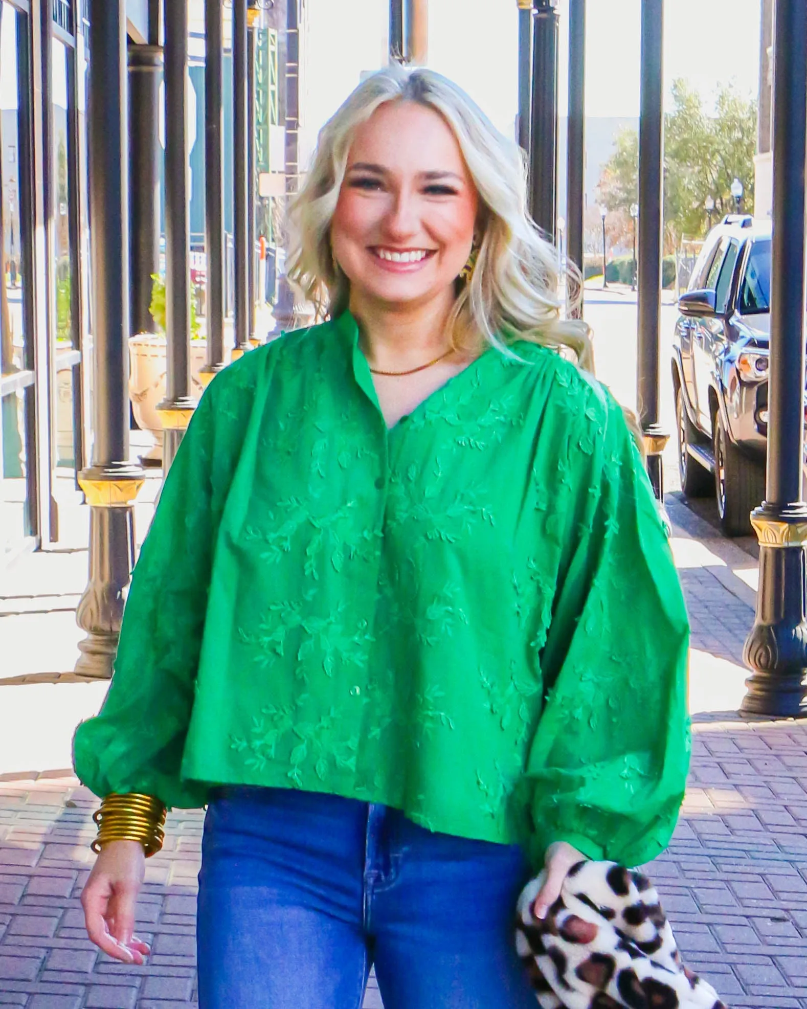 Green Embroidered Dolman Sleeve Oversized Top