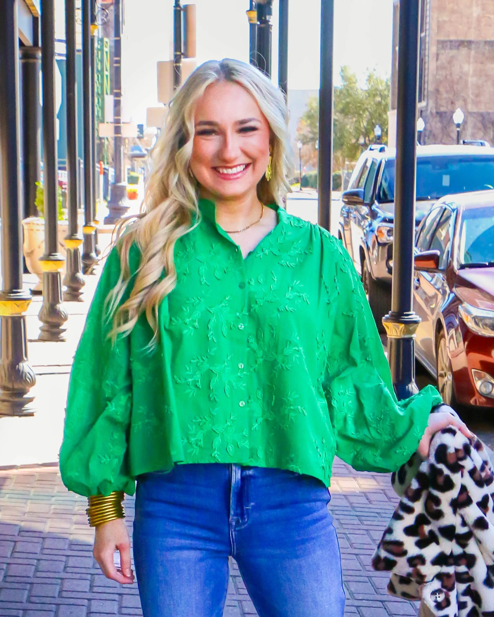 Green Embroidered Dolman Sleeve Oversized Top
