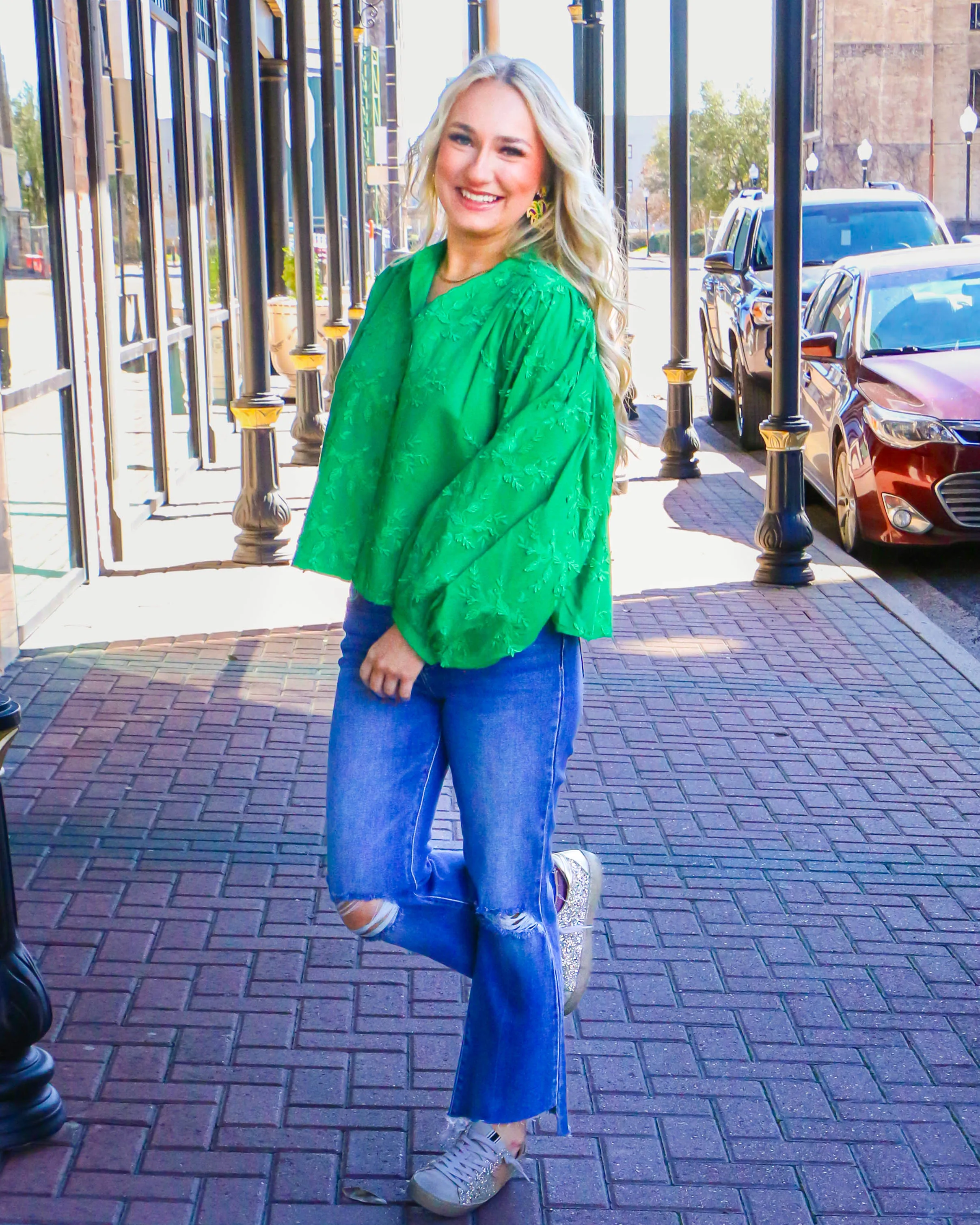 Green Embroidered Dolman Sleeve Oversized Top
