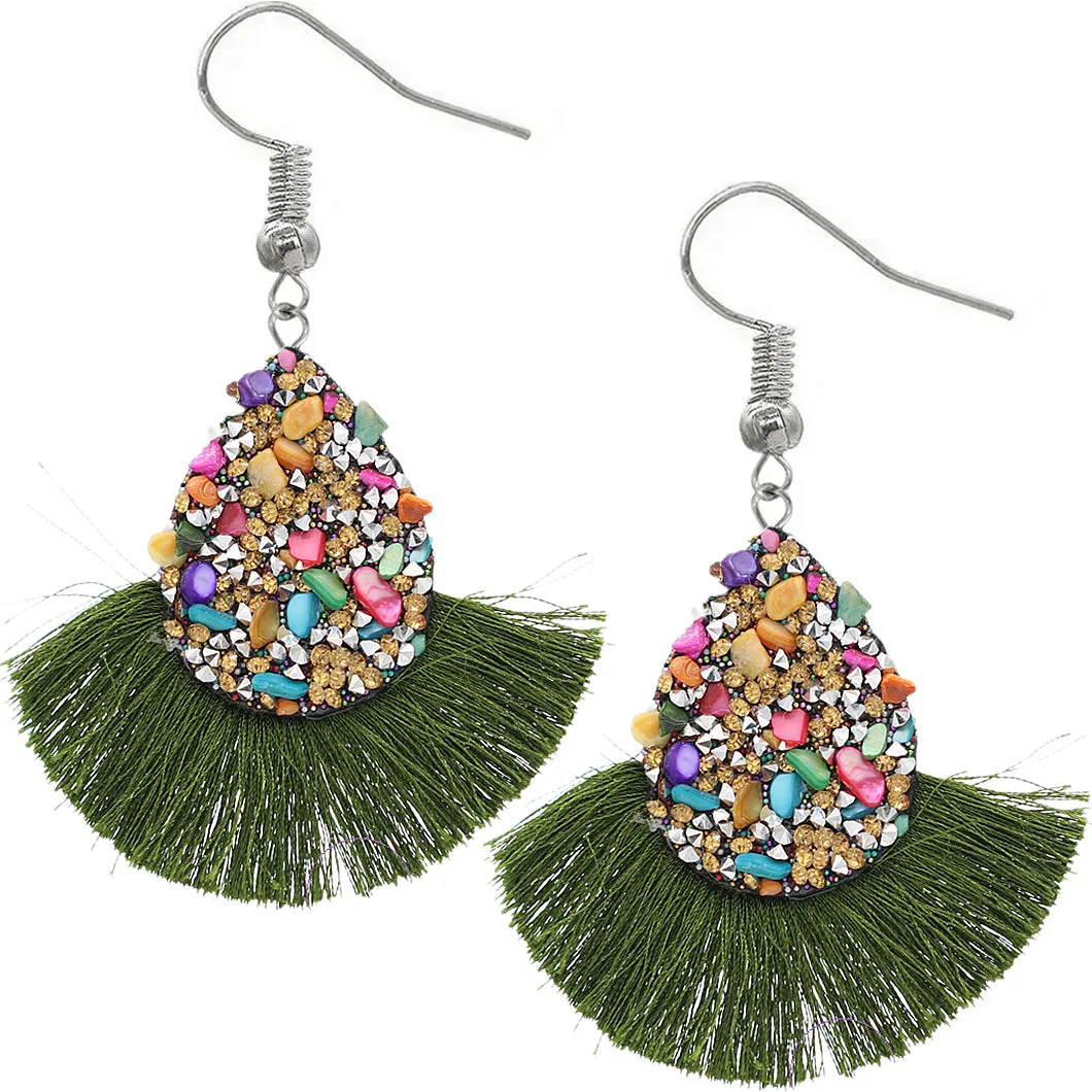 Green Faux Gemstone Teardrop Tassel Fan Earrings