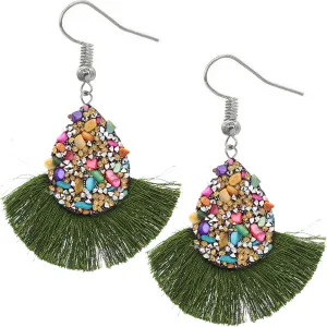 Green Faux Gemstone Teardrop Tassel Fan Earrings