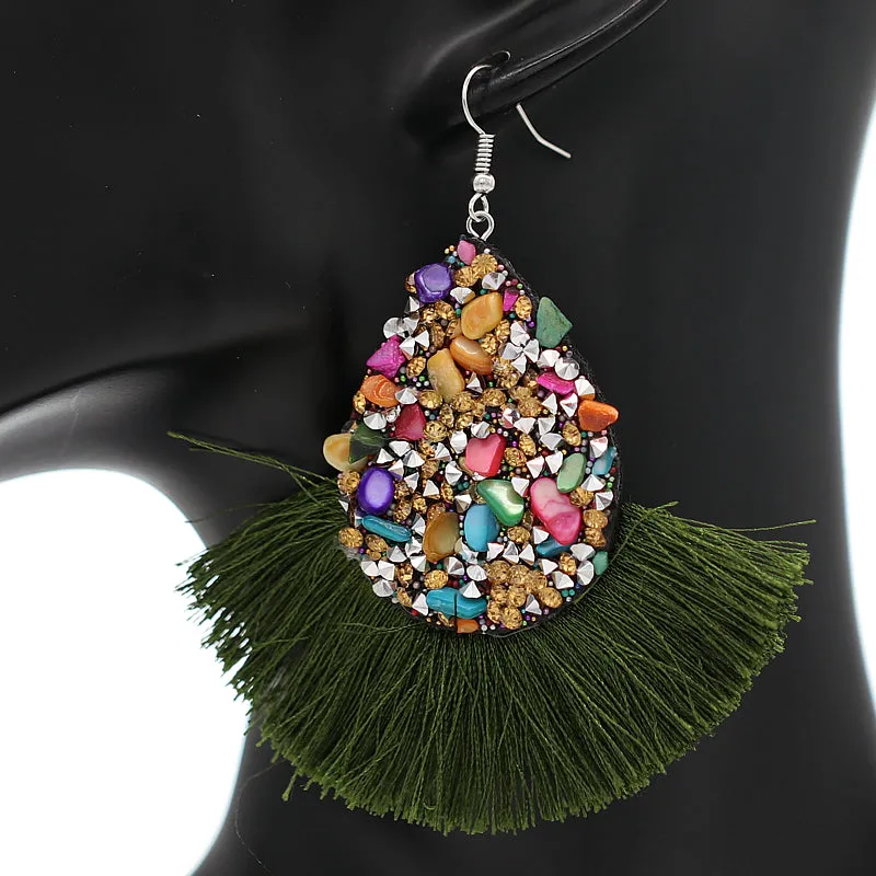 Green Faux Gemstone Teardrop Tassel Fan Earrings