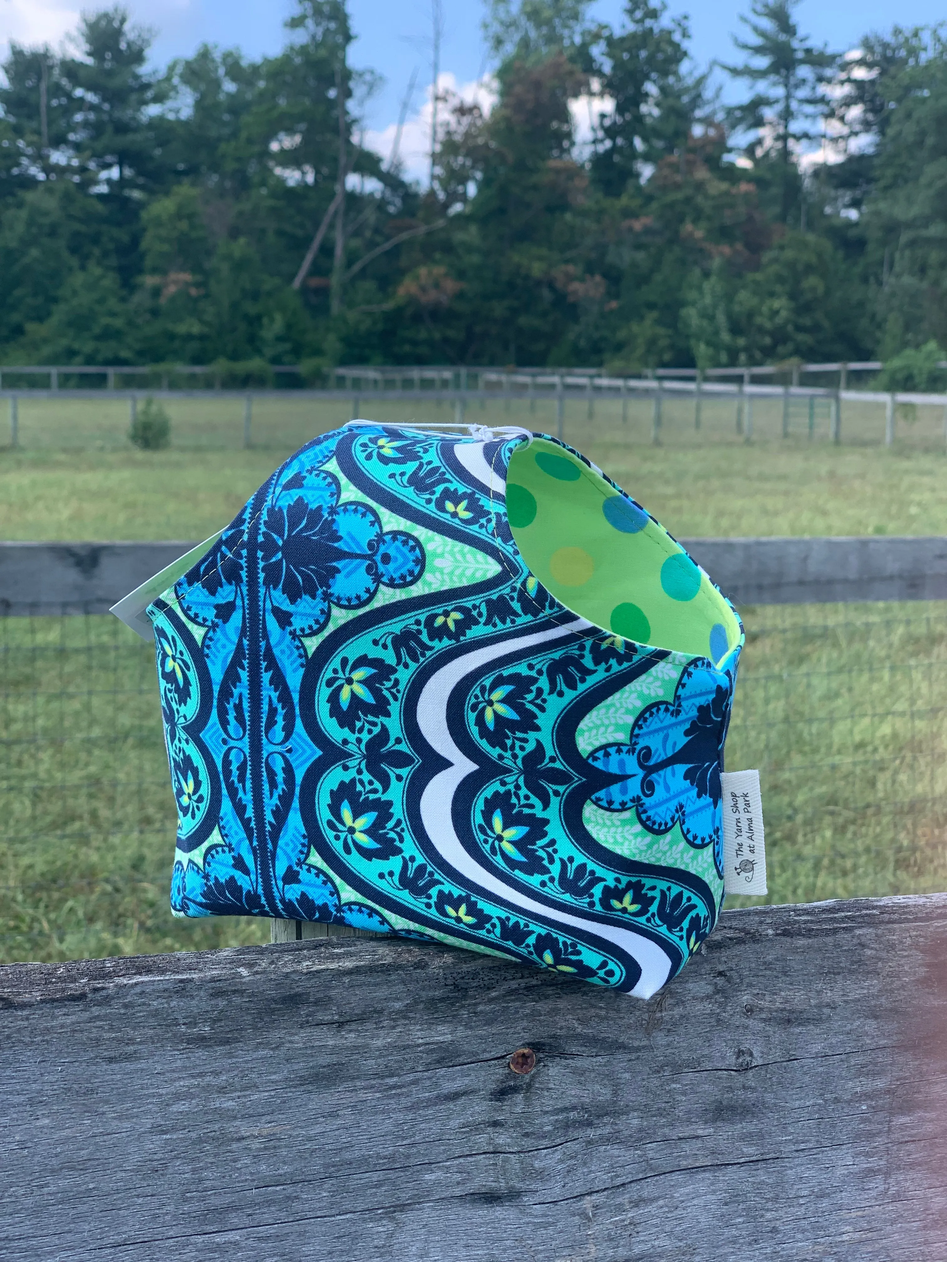Handle Project Bag by Rose (Small)- Perfect for SOCK Knitters -  Blue medallion /green dots