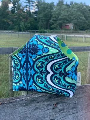 Handle Project Bag by Rose (Small)- Perfect for SOCK Knitters -  Blue medallion /green dots