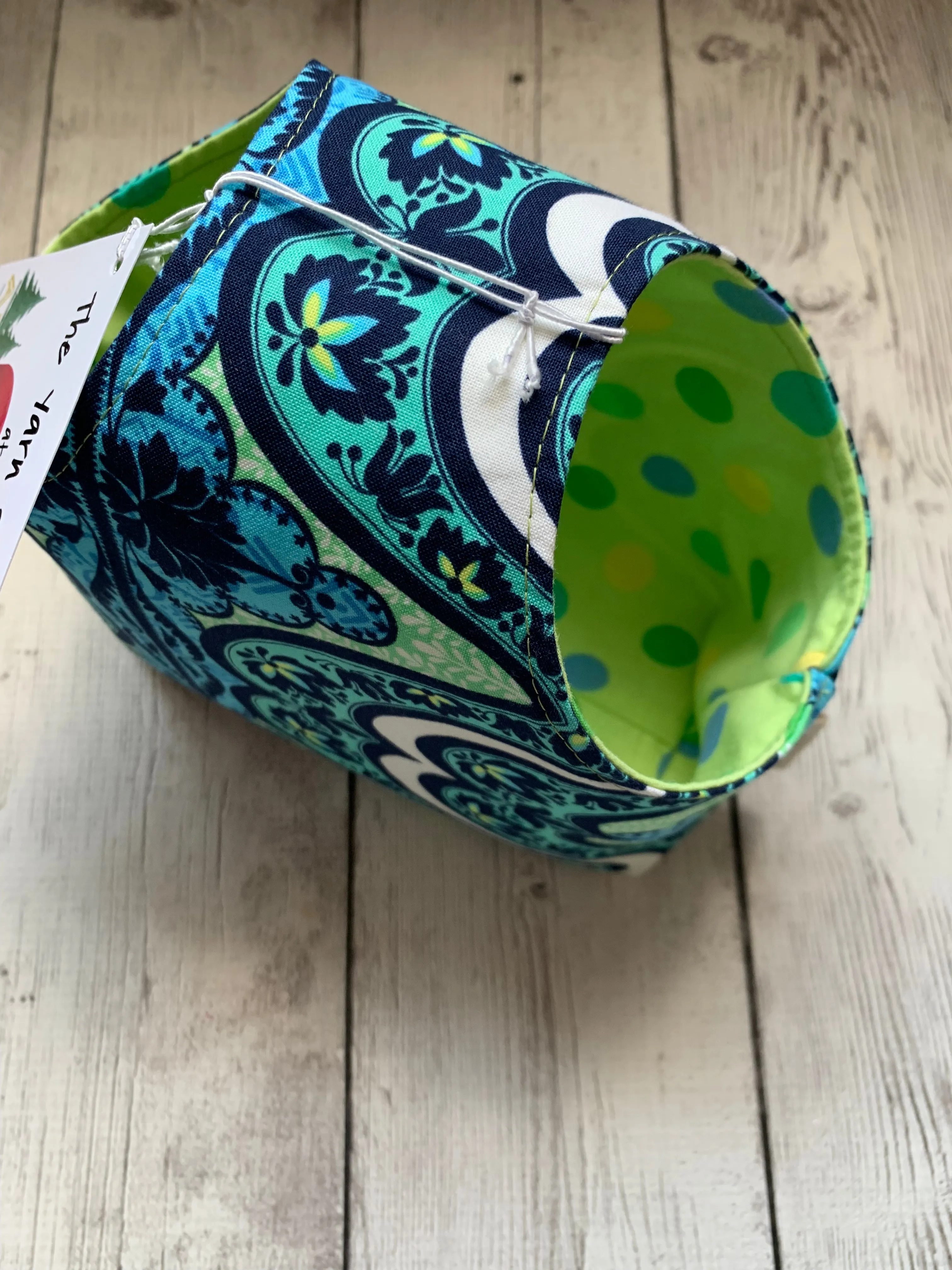 Handle Project Bag by Rose (Small)- Perfect for SOCK Knitters -  Blue medallion /green dots