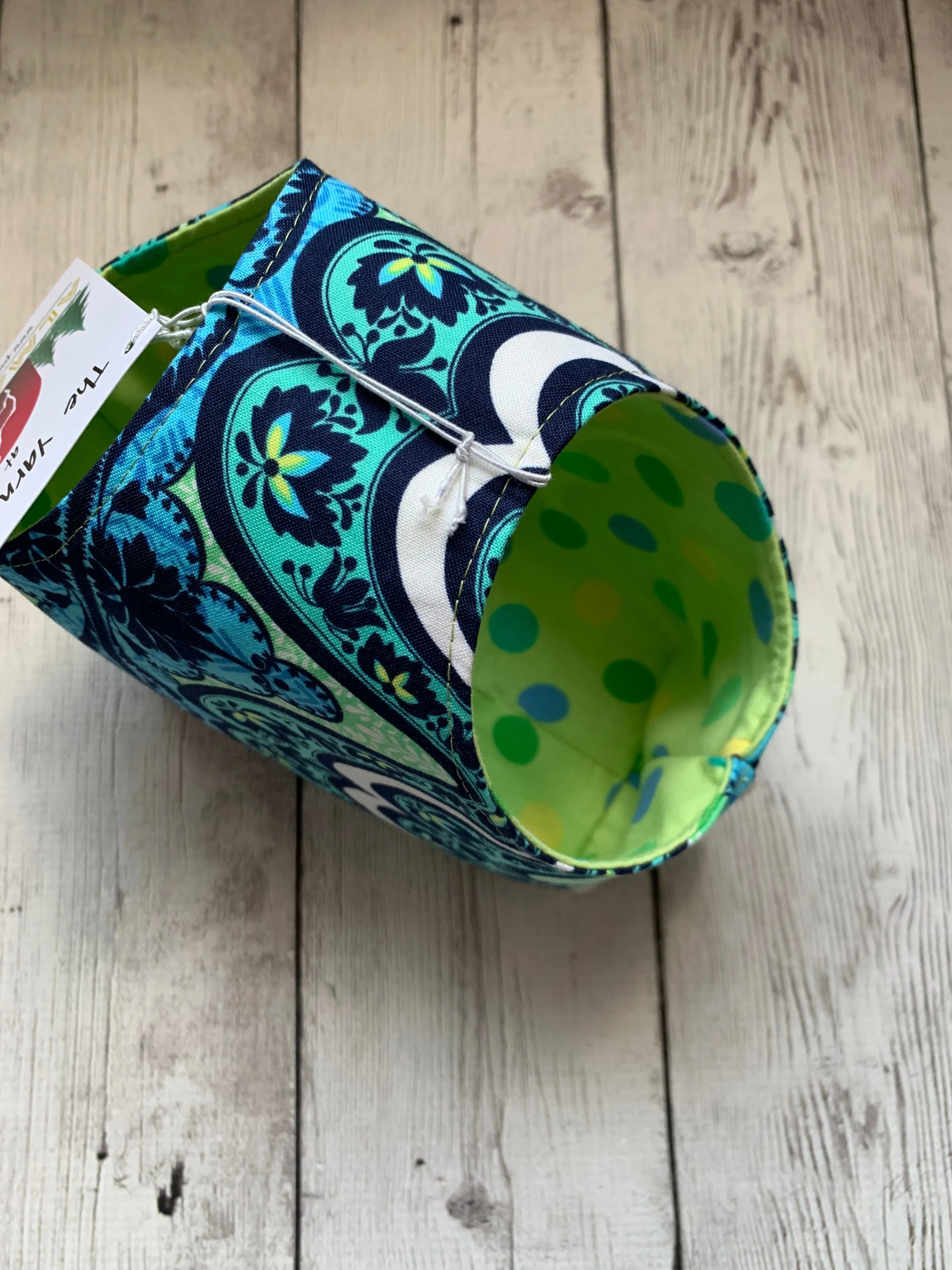 Handle Project Bag by Rose (Small)- Perfect for SOCK Knitters -  Blue medallion /green dots