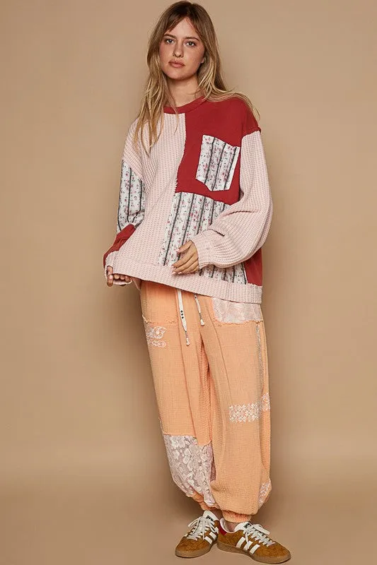 Hazel Blues® |  POL Exposed Seam Floral Patch Color Block Round Neck Sweatshirt