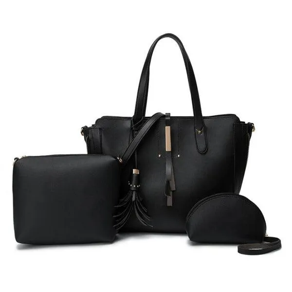 High Quality PU Leather Fashion Elegant Fringe Handbag - Black