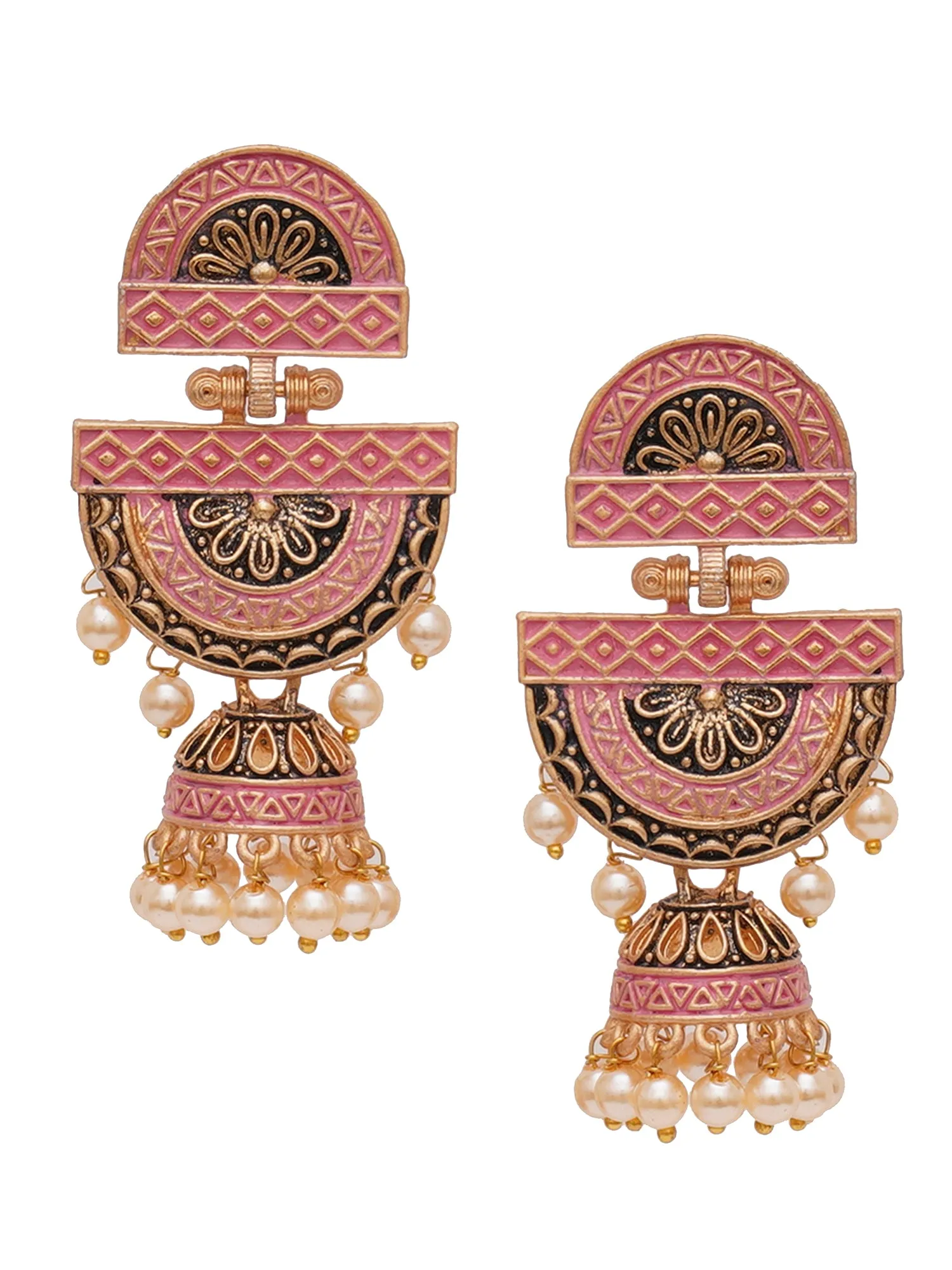 Karatcart Gold Plated Pink Floral Dangler Earrings for Women