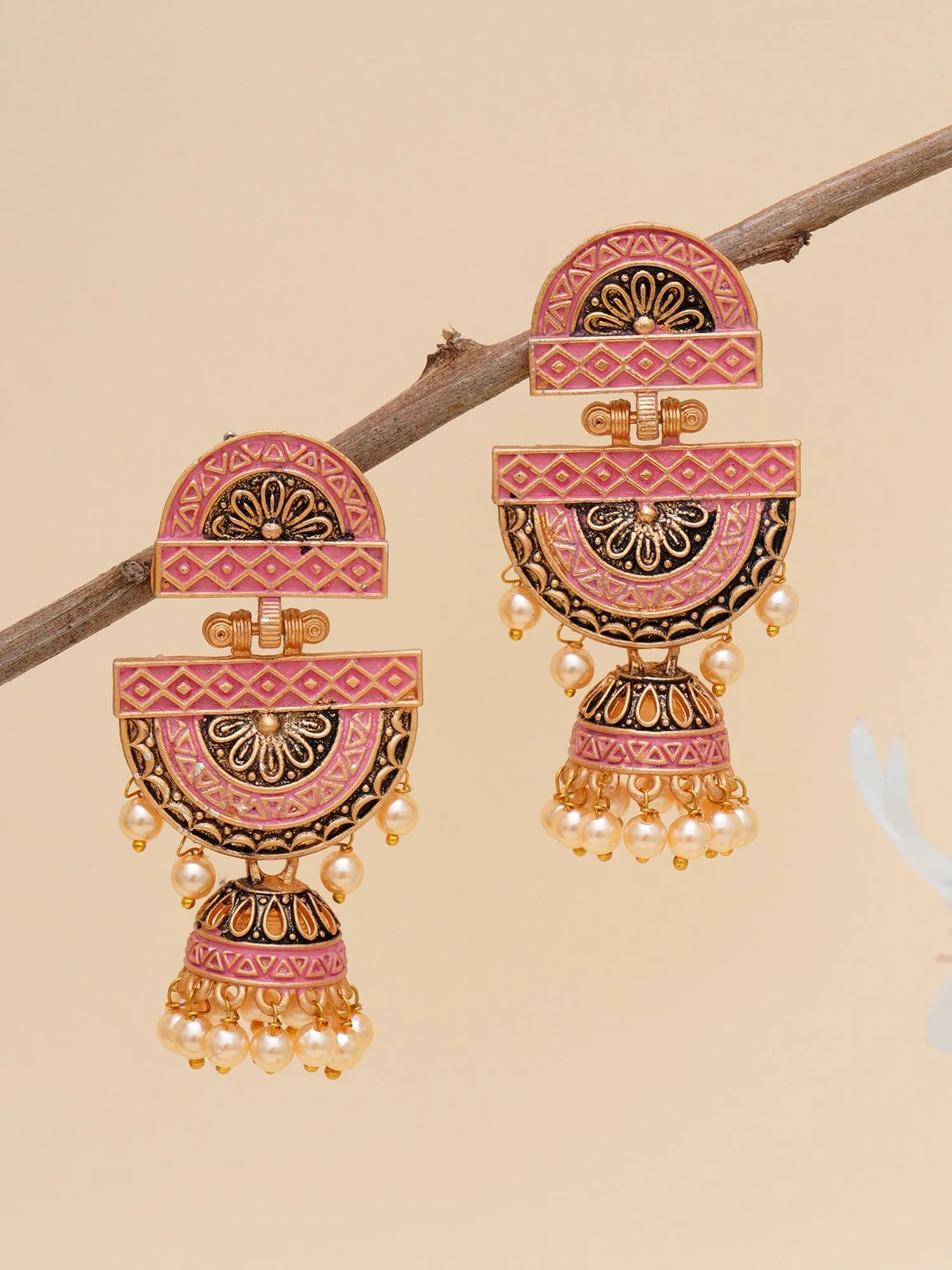 Karatcart Gold Plated Pink Floral Dangler Earrings for Women