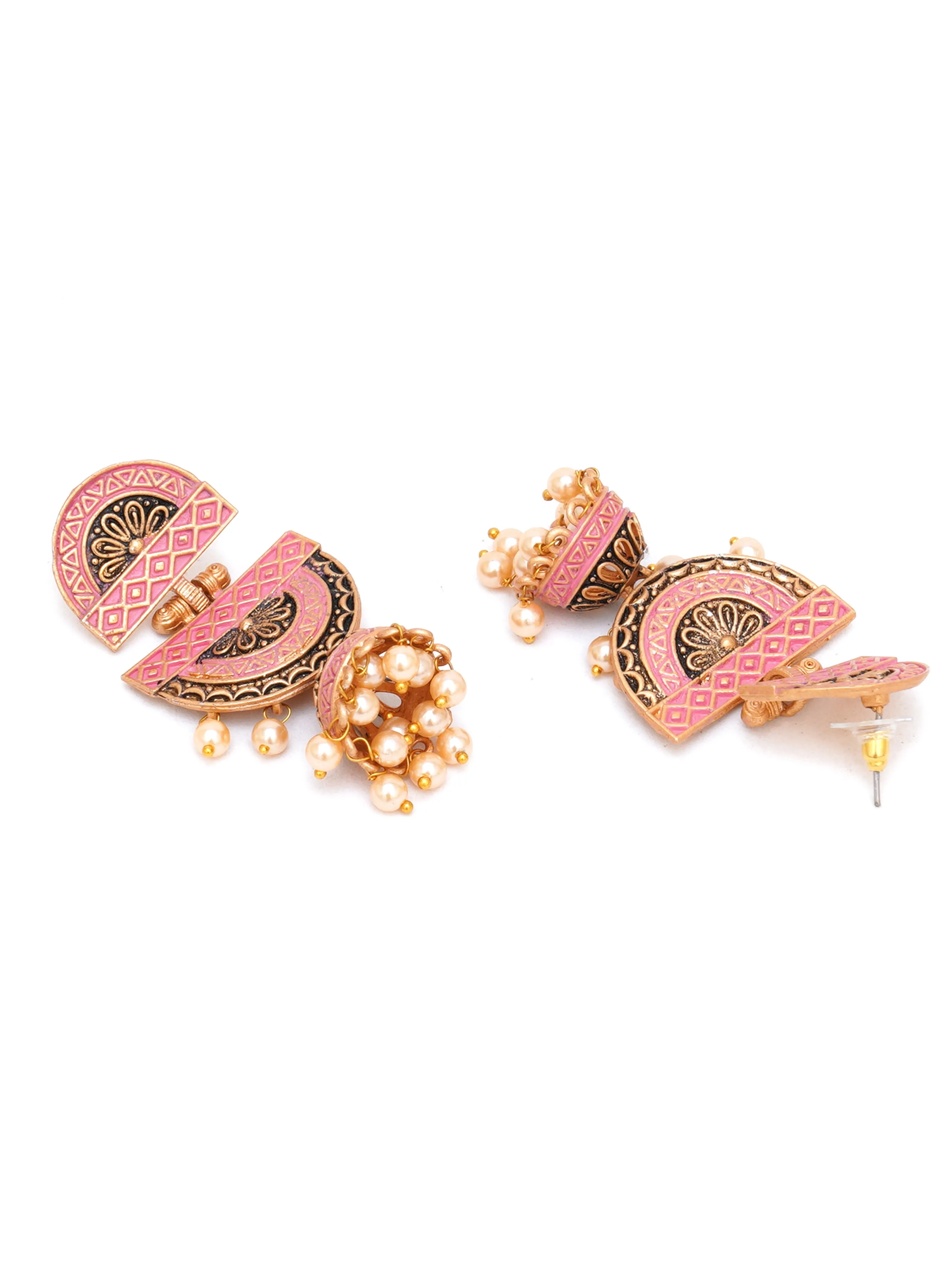 Karatcart Gold Plated Pink Floral Dangler Earrings for Women