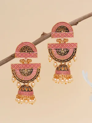 Karatcart Gold Plated Pink Floral Dangler Earrings for Women