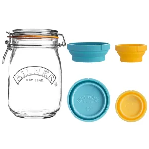 Kilner Store Jar Set, 34-Fluid Ounce Glass Canister with Collapsible Silicone Measuring Cups, Space-Saving & Convenient Design, Airtight Clip Top Lid Keeps Contents Fresh, Dishwa