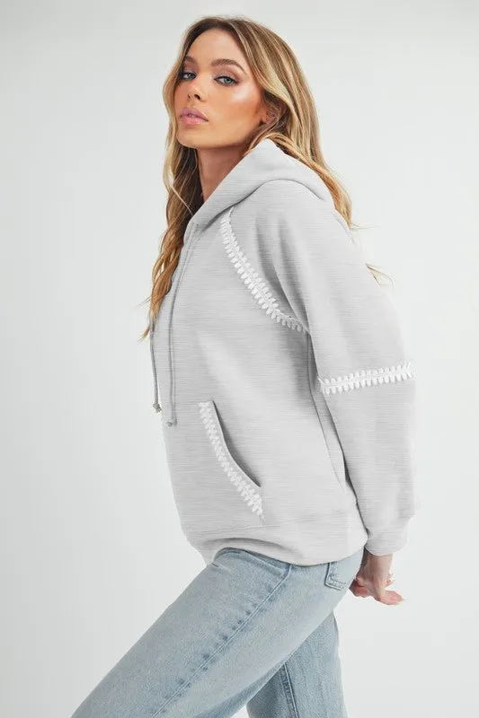 Lace Detail Drawstring Hoodie with Kangaroo Pocket