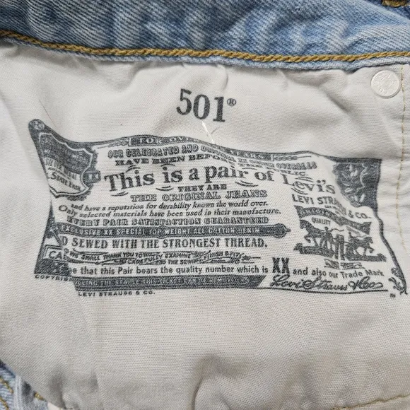 Levi's 501 High Rise Jean Shorts Womens Blue Denim Button Fly Distressed Size 33