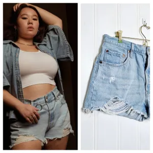 Levi's 501 High Rise Jean Shorts Womens Blue Denim Button Fly Distressed Size 33
